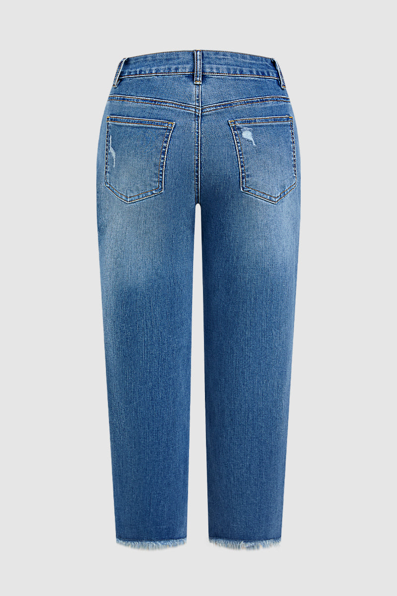 Wash Ripped Raw Hem High Rise Straight Leg Crop Jeans Without Belt