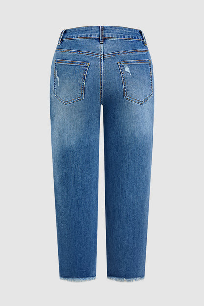 Wash Ripped Raw Hem High Rise Straight Leg Crop Jeans Without Belt