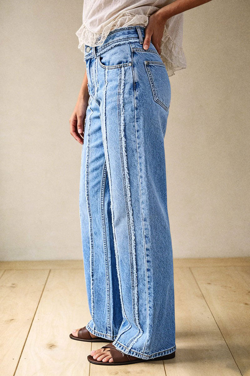 Wash Raw Seam Detail Mid Waist Straight Leg Jeans