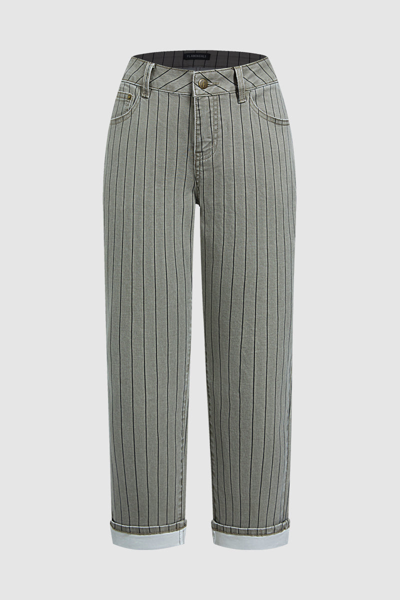 Pinstriped Roll Hem High Waist Straight Leg Cropped Pants Without Belt