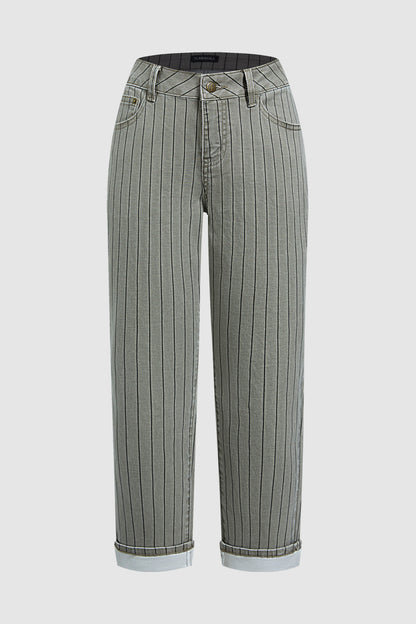 Pinstriped Roll Hem High Waist Straight Leg Cropped Pants Without Belt
