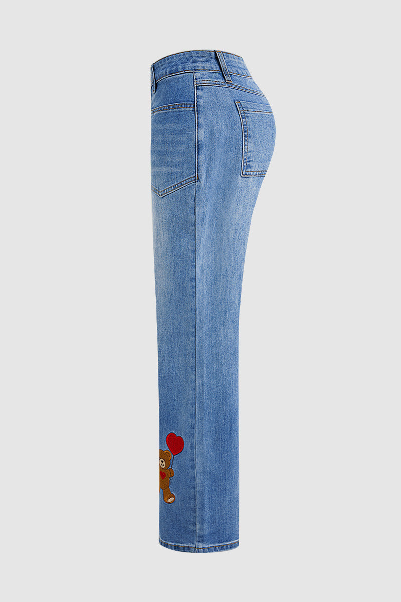 Valentine's Day Pattern Embroidered Patch Pocket Mid Rise Straight Leg Jeans Without Belt