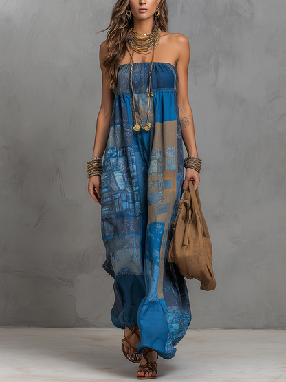 Robe longue bustier imprimé floral bleu bohème