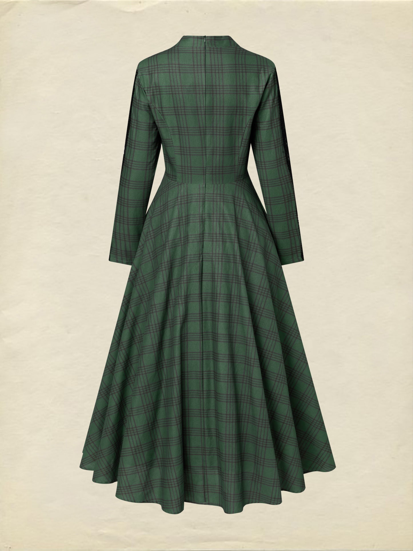 Robe longue en lin, manches longues, col en V, carreaux, dentelle, vintage, vert profond