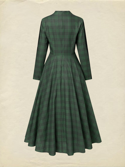 Robe longue en lin, manches longues, col en V, carreaux, dentelle, vintage, vert profond