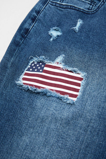 Wash American Flag Pattern Ripped Raw Hem Mid Rise Capri Skinny Jeans
