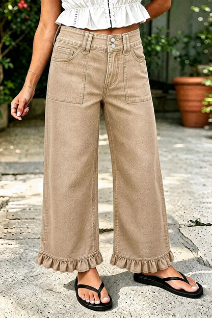 Ruffle Hem Mid Waist Wide Leg Pants