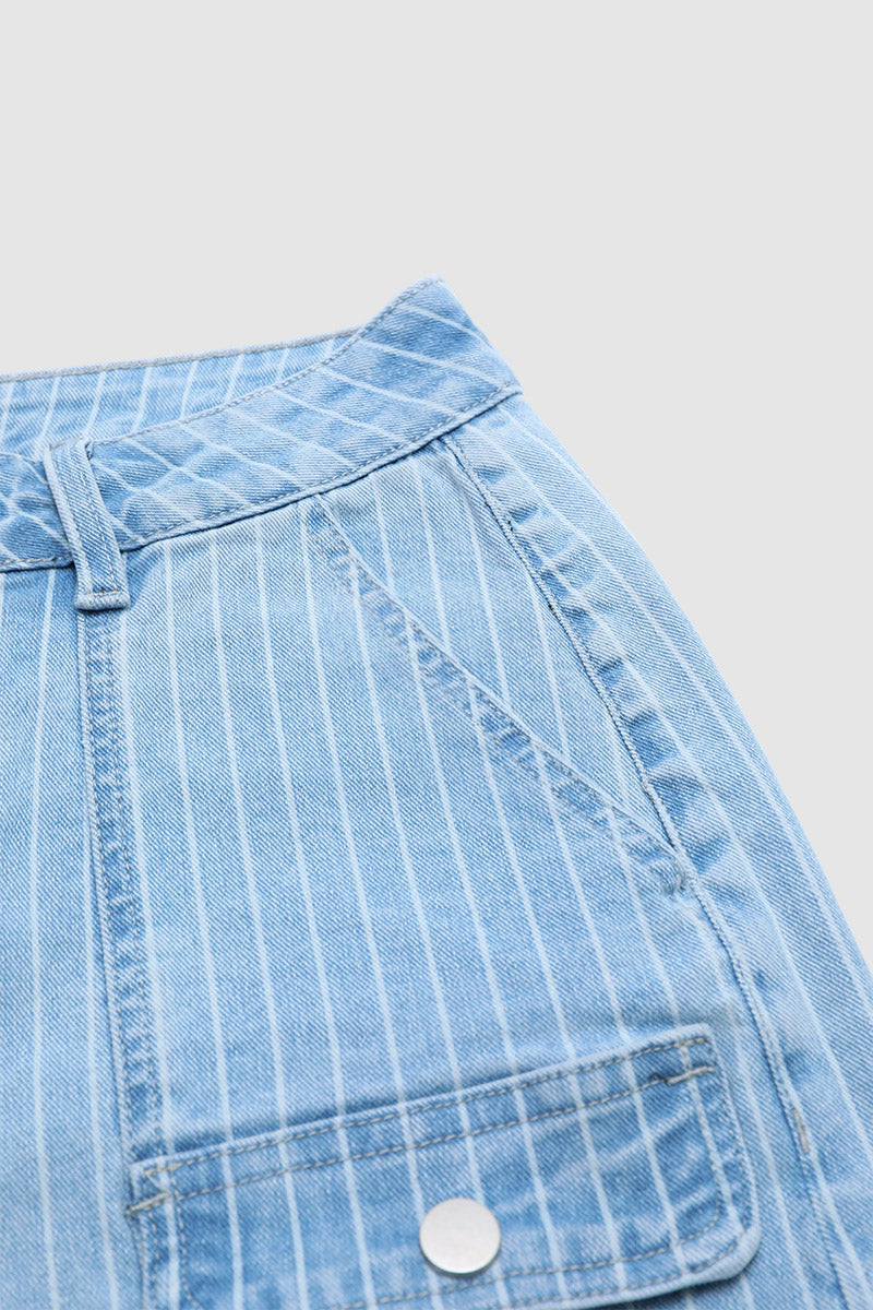 Pinstriped Split Flap Decor Mid Waist Denim Mid Thigh Shorts Without Belt