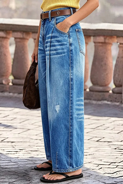 Wash Pleated Ripped High Waist Barrel Leg Jeans Without Belt