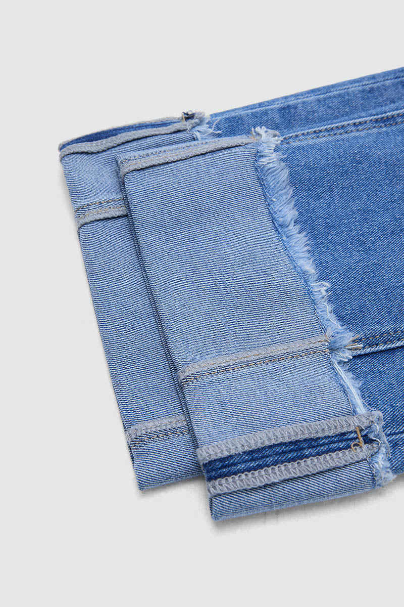 Wash Seam Front Roll Raw Hem Mid Rise Straight Leg Crop Jeans Without Belt