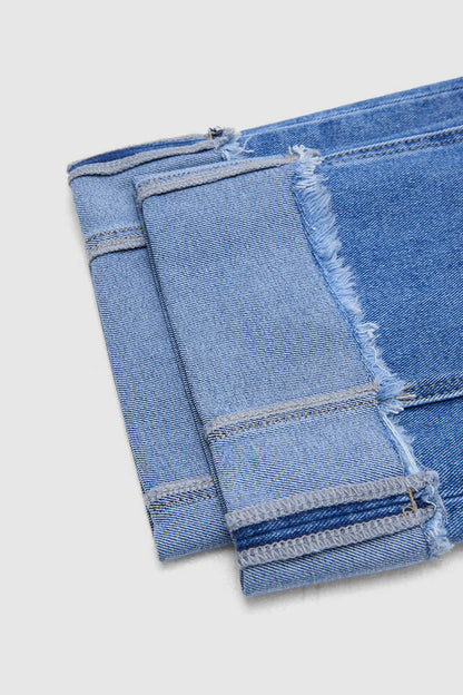 Wash Seam Front Roll Raw Hem Mid Rise Straight Leg Crop Jeans Without Belt