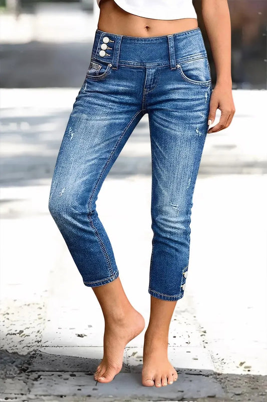 Wash Button Decor Mid Waist Skinny Capri Jeans