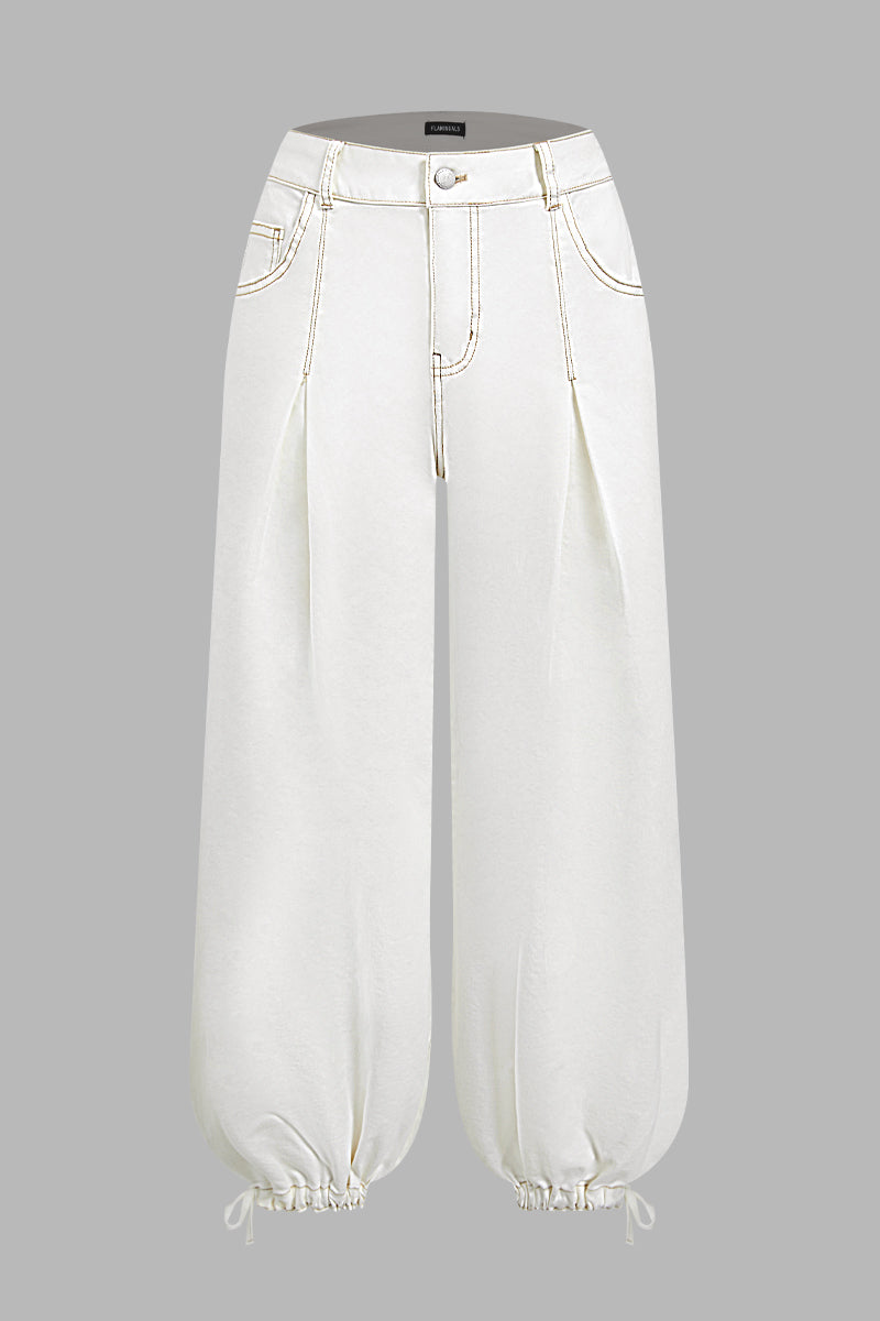 Solid Drawstring Stitch Detail Pleated Mid Waist Wide Leg Crop Pants Without Belt