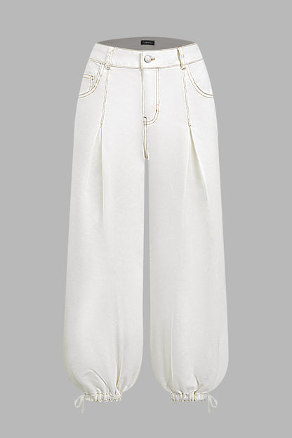 Solid Drawstring Stitch Detail Pleated Mid Waist Wide Leg Crop Pants Without Belt