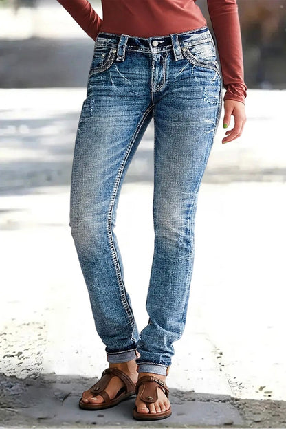 Wash Ripped Roll Hem Low Waist Straight Leg Jeans