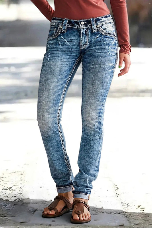 Wash Ripped Roll Hem Low Waist Straight Leg Jeans