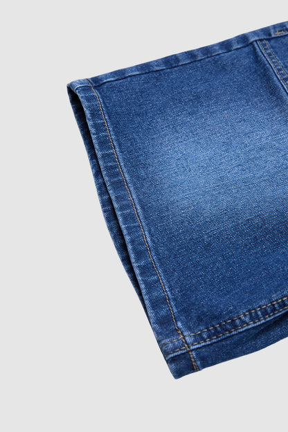 Wash Patch Pocket Drawstring High Rise Mid Thigh Denim Shorts