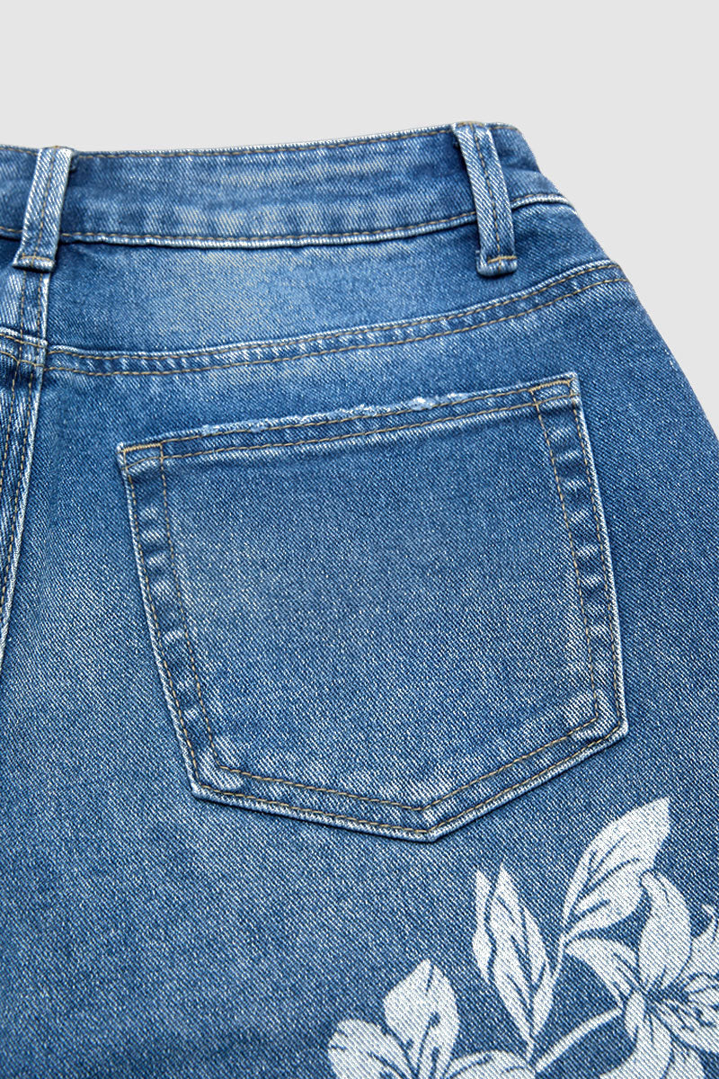 Floral Print Raw Hem Mid Waist Straight Leg Crop Jeans