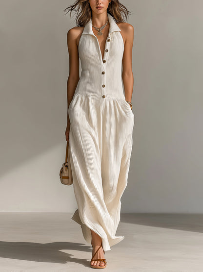 Chic Elegant Cream White Lapel Collar Button-Front Sleeveless Tailored Waist Loose-Fit Ribbed Knit Maxi Dress