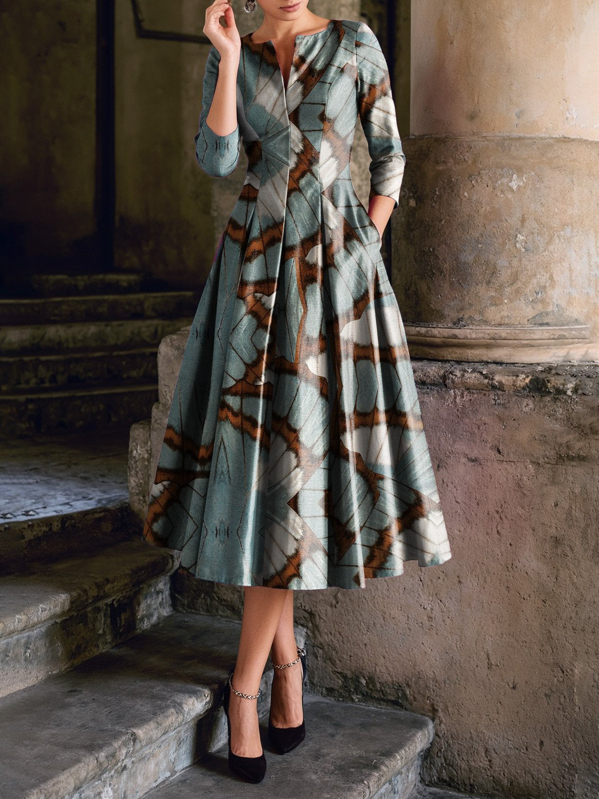 Robe midi en coton, demi-manches, col rond, papillon, poches, vintage, cyan