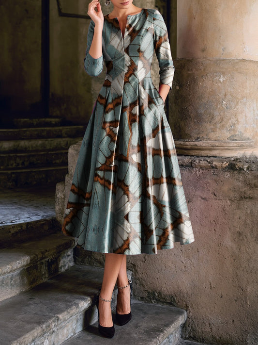 Robe midi en coton, demi-manches, col rond, papillon, poches, vintage, cyan