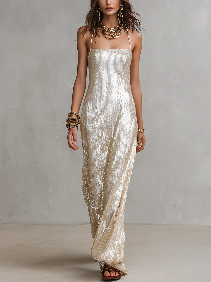 Robe Bohème à Paillettes Couleur Champagne