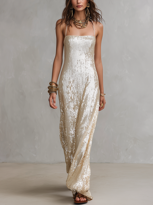 Robe Bohème à Paillettes Couleur Champagne