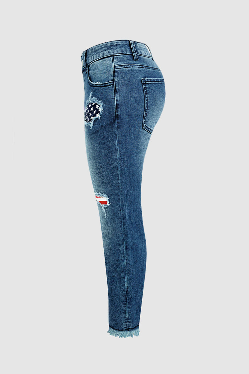 Wash American Flag Pattern Ripped Raw Hem Mid Rise Capri Skinny Jeans