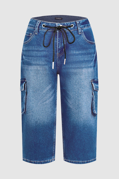 Wash Flap Pocket Drawstring Mid Rise Straight Leg Capri Jeans