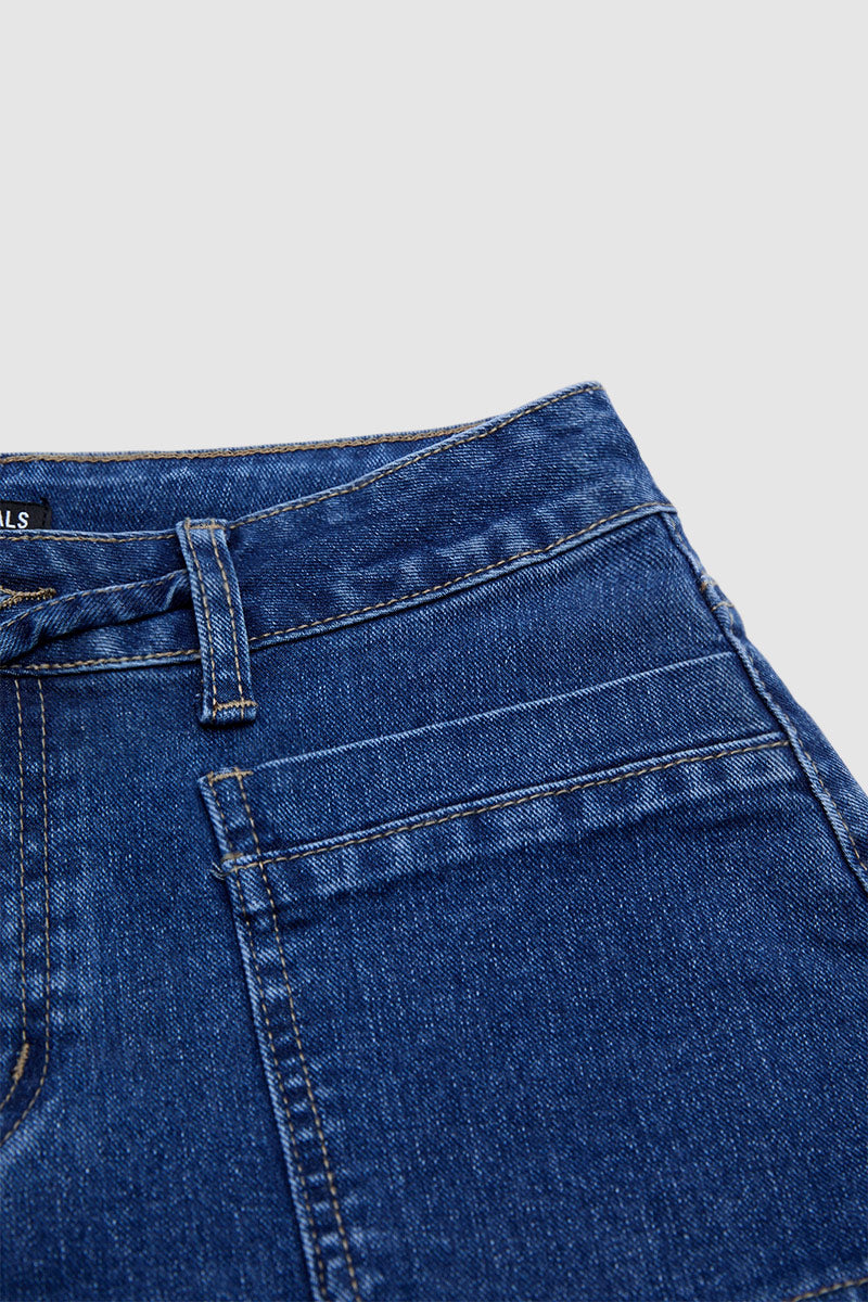 Wash Patch Pocket Drawstring High Rise Mid Thigh Denim Shorts