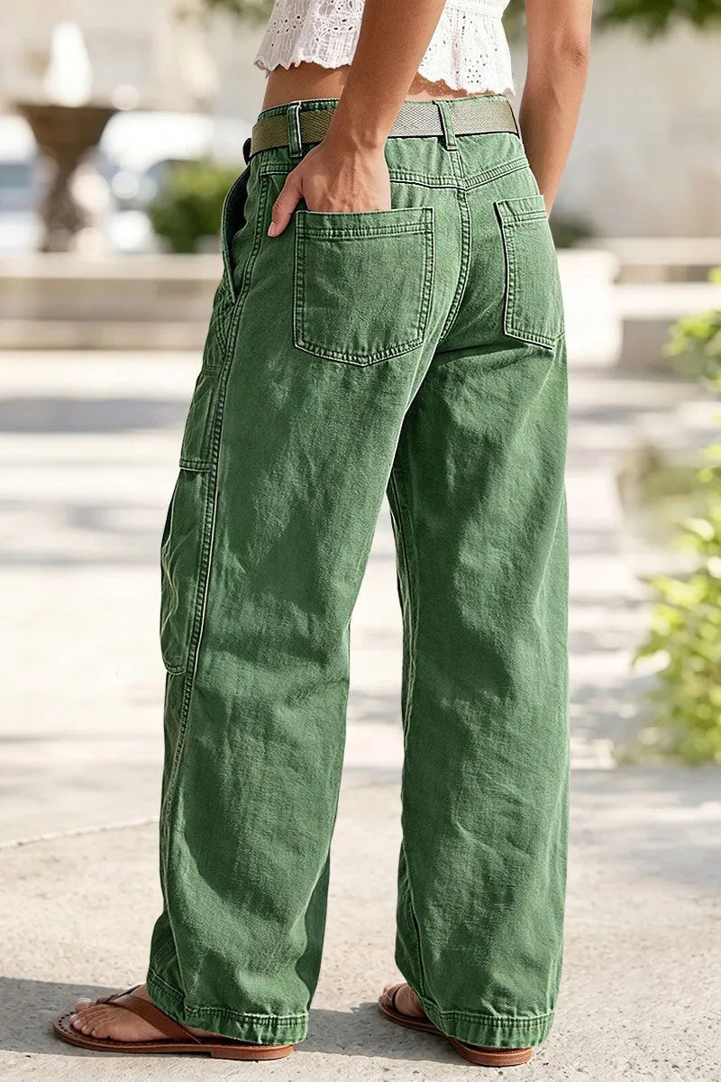 Solid Flap Pocket Mid Rise Wide Leg Cargo Pants Without Belt