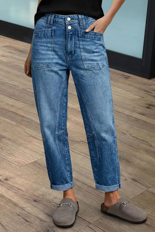 Wash Patch Pocket Dual Button Mid Rise Barrel Leg Crop Jeans