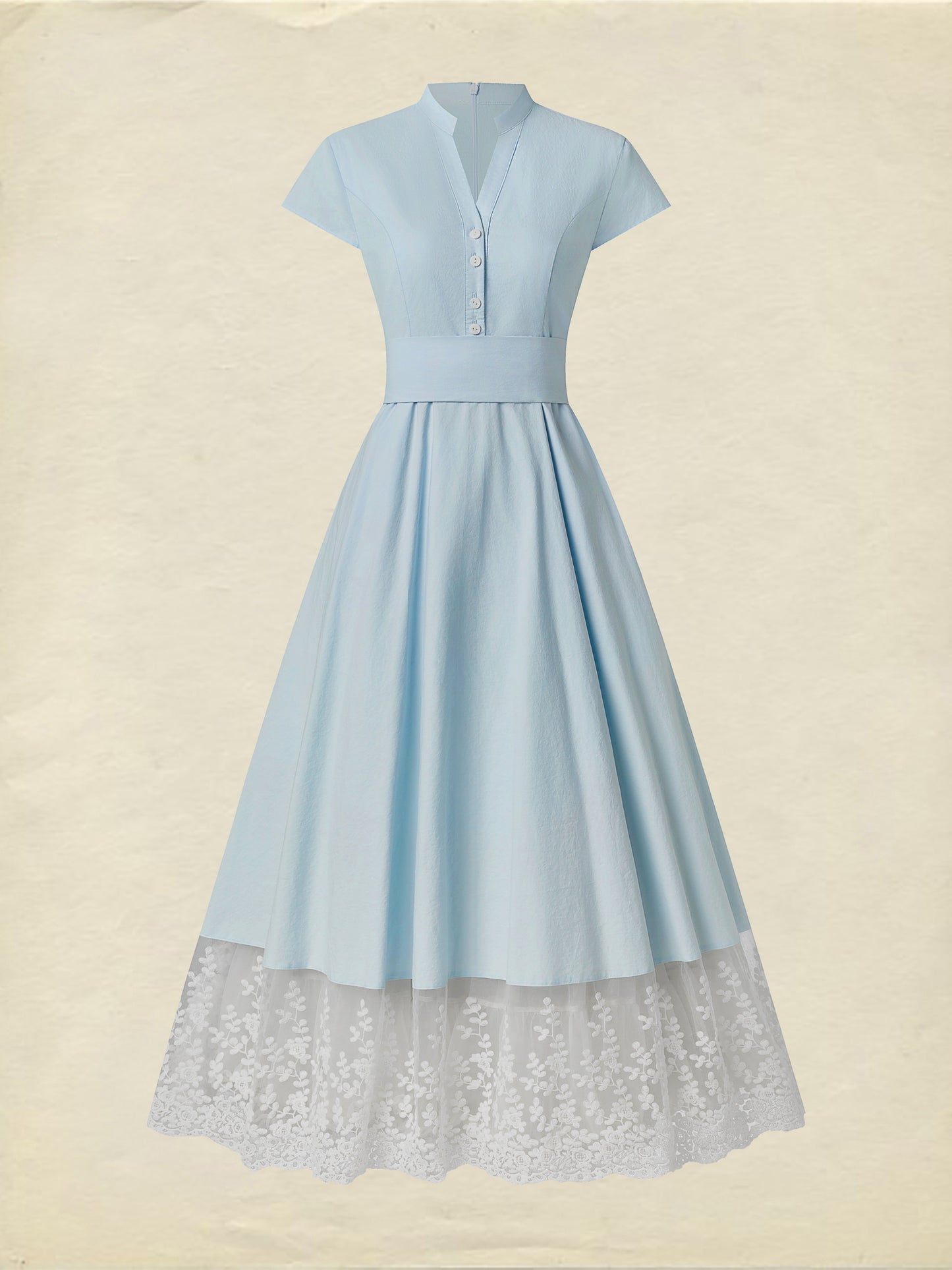 Robe longue en coton, manches courtes, col en V, unie, dentelle, vintage français, bleu aqua