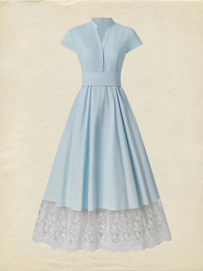 Robe longue en coton, manches courtes, col en V, unie, dentelle, vintage français, bleu aqua
