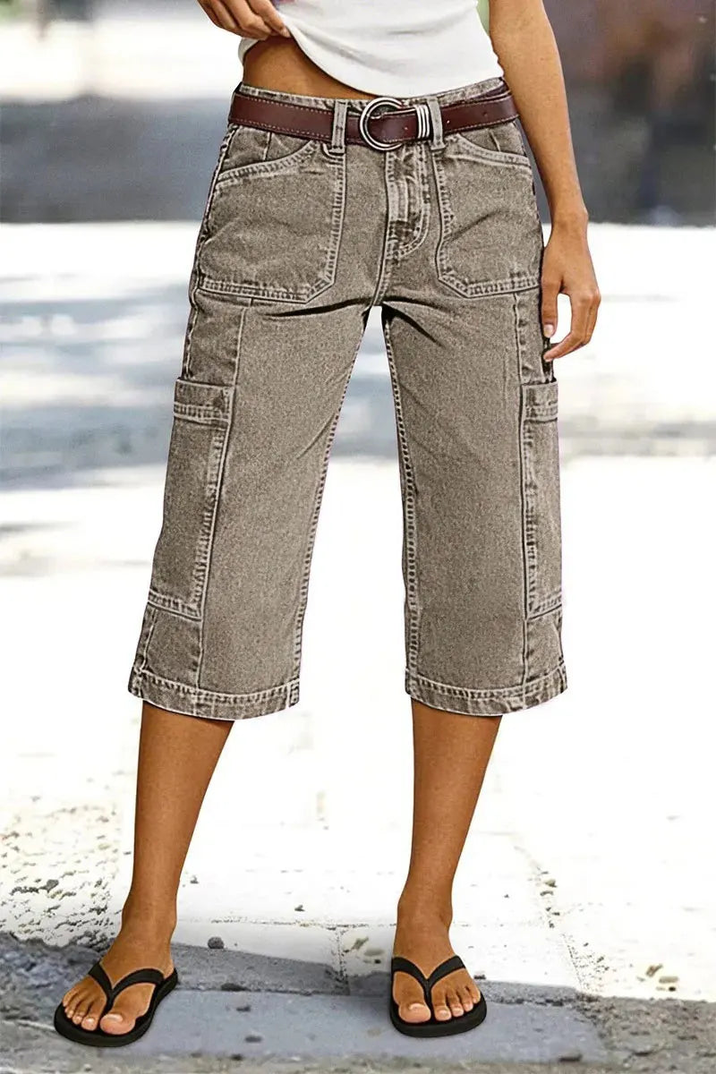 Stitch Detail Side Pocket Mid Waist Straight Leg Capri Pants Without Belt