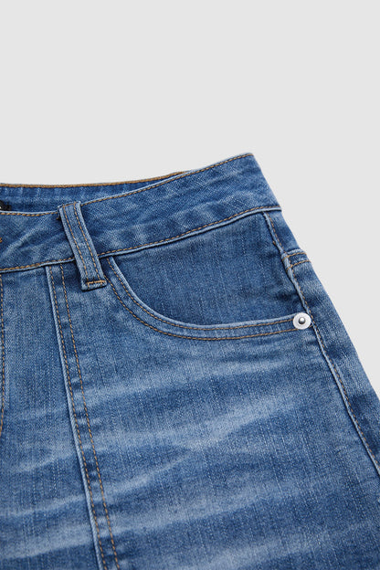 Wash Ripped Raw Hem High Rise Straight Leg Crop Jeans Without Belt