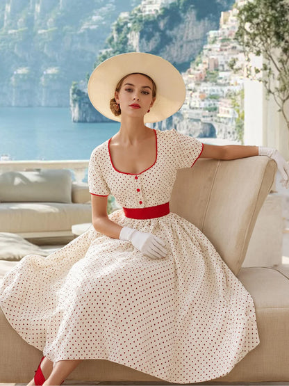 Robe longue en coton, Manches courtes, Encolure carrée, Imprimé pois, Vintage, Blanche, 100% coton