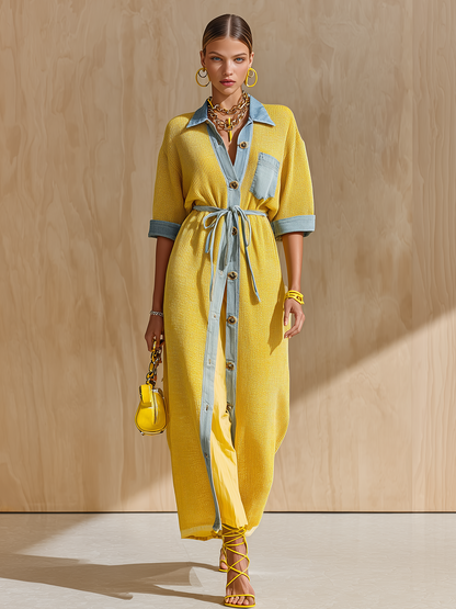 Chic Elegant Yellow Patchwork Denim Lapel Collar Button-Front Loose-Fit Drawstring Waist Loose-Fit Knit Maxi Dress