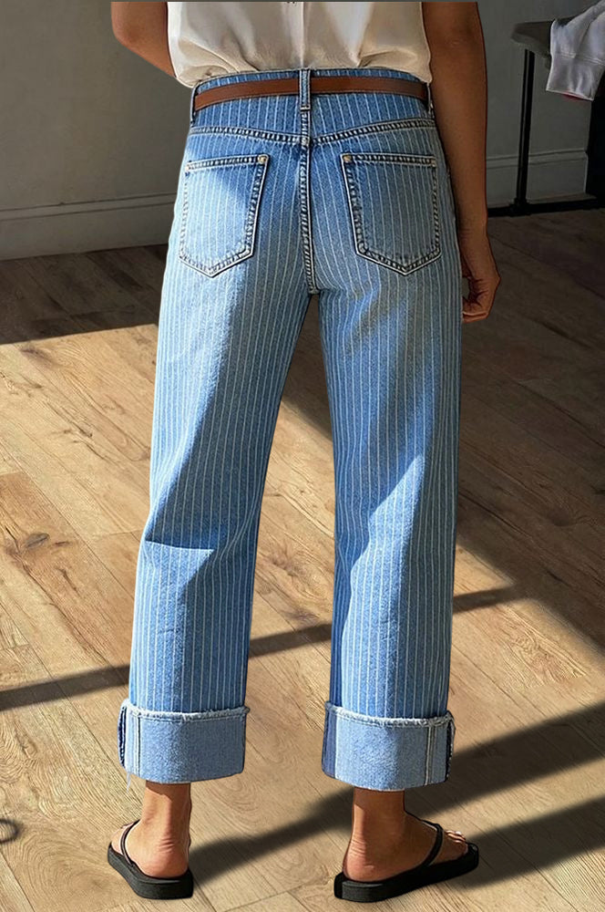 Striped Roll Hem Seam Front Mid Rise Straight Leg Crop Jeans Without Belt