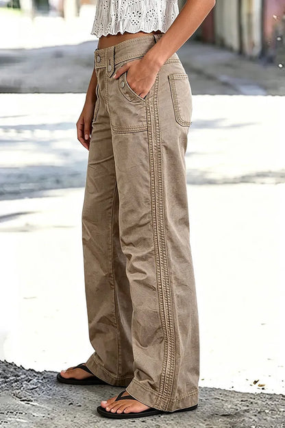 Solid Patch Pocket Mid Waist Wide Leg Pants