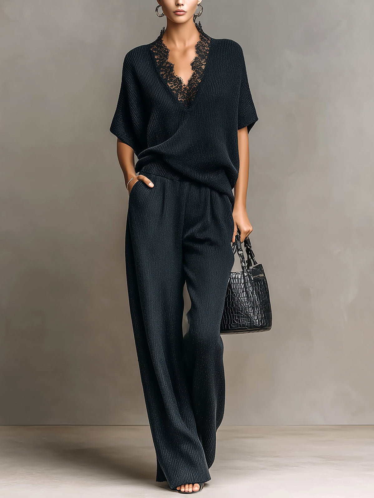 Chic Vintage Black V-Neck Lace Details Short-Sleeve Loose-Fit Top And Wide-Leg Pants Ribbed Knit Two-Piece Set