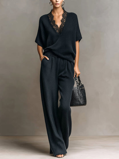 Chic Vintage Black V-Neck Lace Details Short-Sleeve Loose-Fit Top And Wide-Leg Pants Ribbed Knit Two-Piece Set