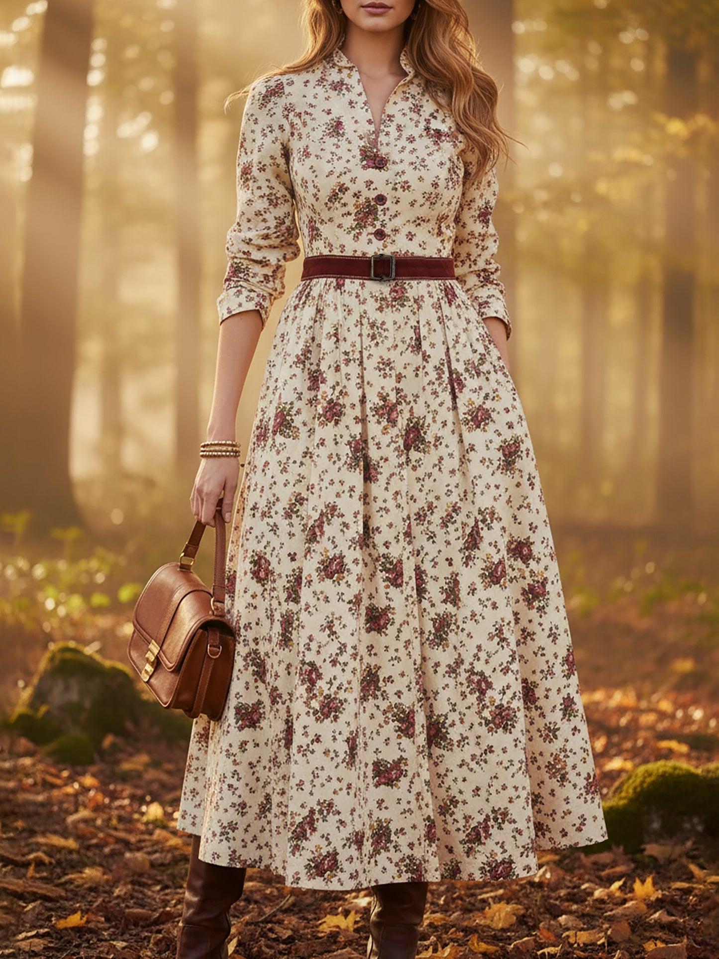 Robe Midi en Lin, Manches Longues, Col Châle, Imprimé Floral, Ceinturée, Vintage, Abricot