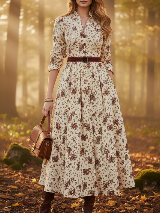 Robe Midi en Lin, Manches Longues, Col Châle, Imprimé Floral, Ceinturée, Vintage, Abricot