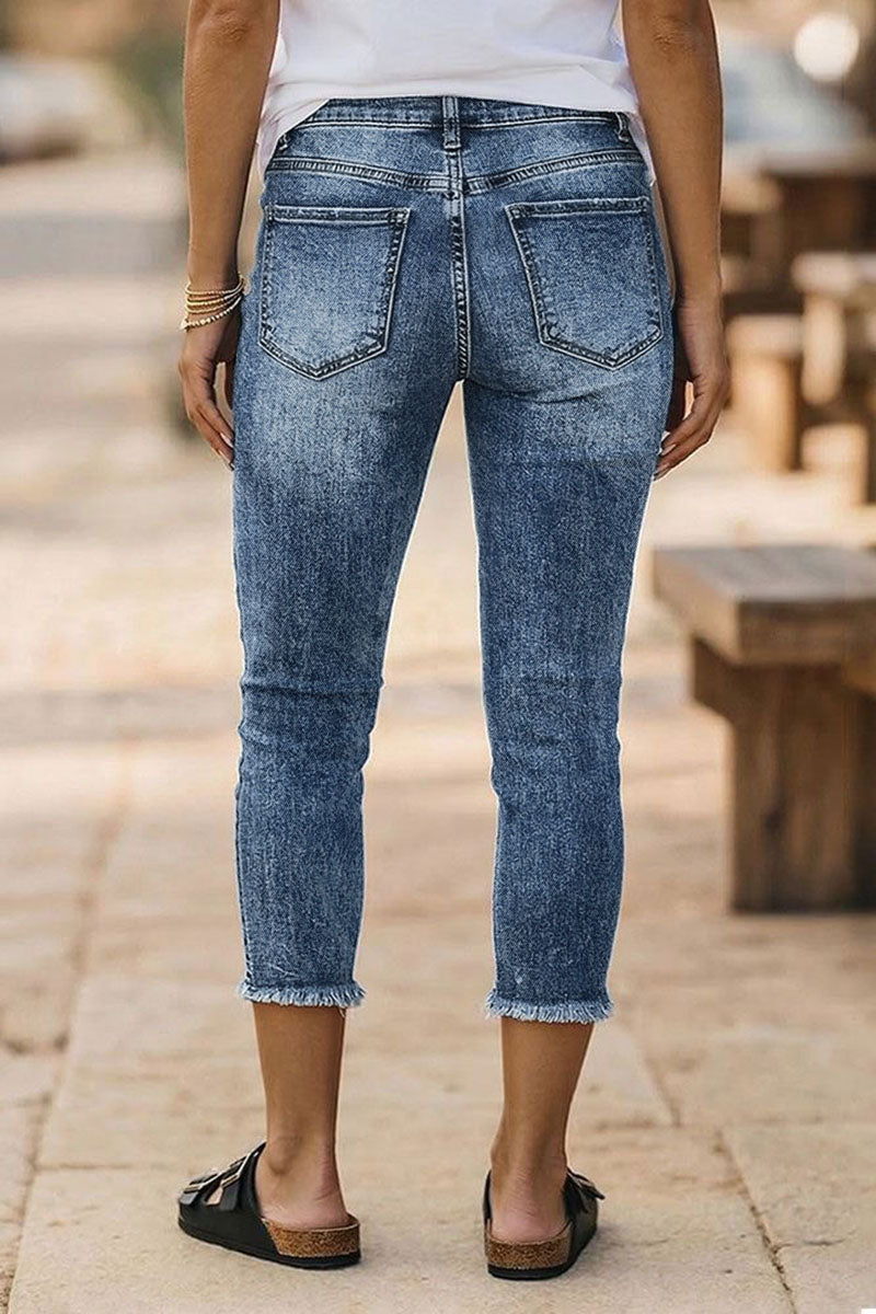 Wash American Flag Pattern Ripped Raw Hem Mid Rise Capri Skinny Jeans