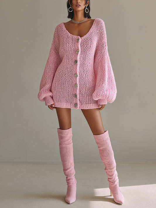 Chic Elegant Pink U-Neck Long Lantern Sleeve Single-Breasted Loose-Fit Soft Knit Mini Dress