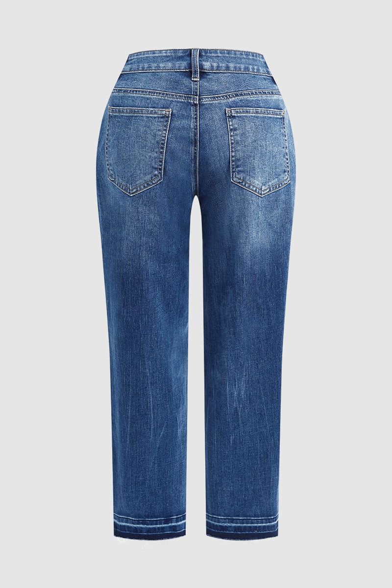 Wash Raw Hem Mid Rise Straight Leg Crop Jeans