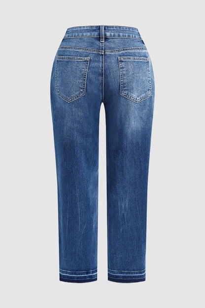 Wash Raw Hem Mid Rise Straight Leg Crop Jeans