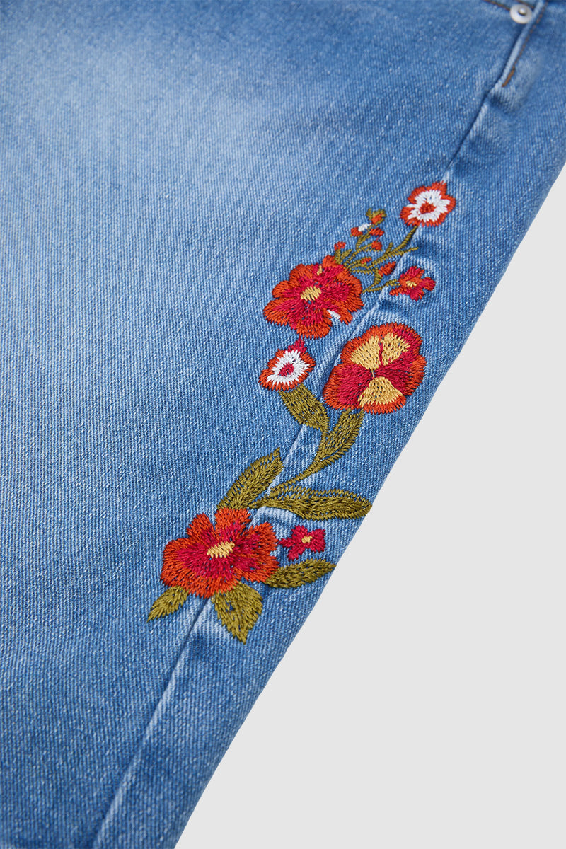 Wash Floral Embroidery V Yoke Mid Rise Straight Leg Denim Bermuda Shorts