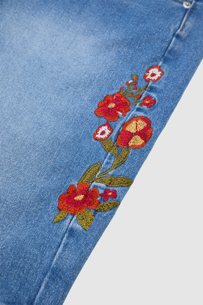 Wash Floral Embroidery V Yoke Mid Rise Straight Leg Denim Bermuda Shorts